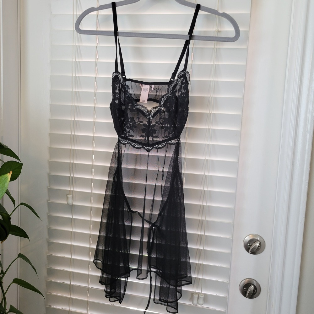 Victoria's Secret Black Lace Sheer Mesh Babydoll Flyaway Slip Small Tie Back